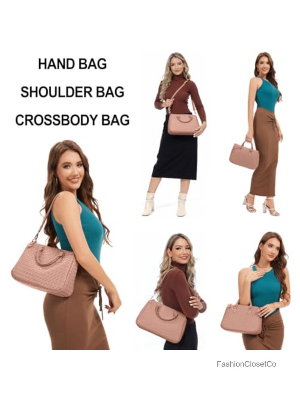 Woven Vegan Leather Tote Bag with Crossbody Strap Zip Closure - Picture 5 of 6